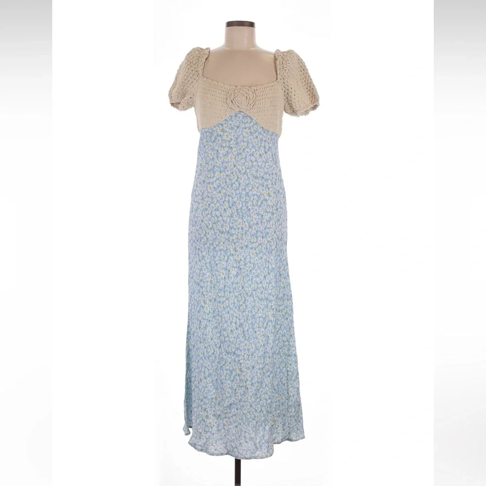 Rixo London Sardinia Crochet Knit Floral Maxi Dress in Cream and Light Blue - Picture 2 of 10